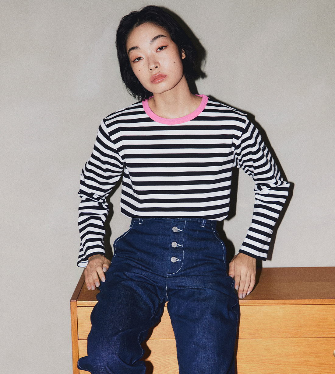 細ボーダー長袖Tシャツ